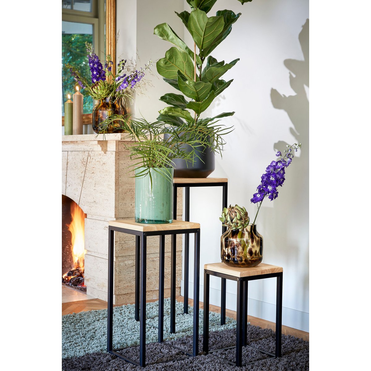 Asia Plantentafel L25 x B25 x H42 cm Hout Metaal Zwart