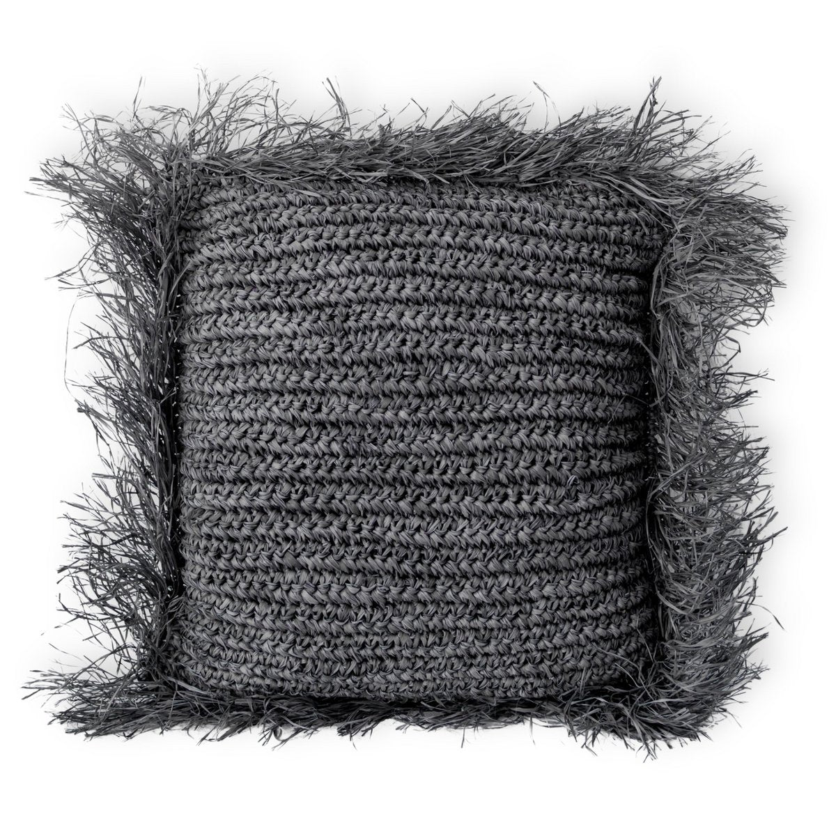 Nusa Zwart Raffia sierkussen met vulling Decoratief kussen met franjes