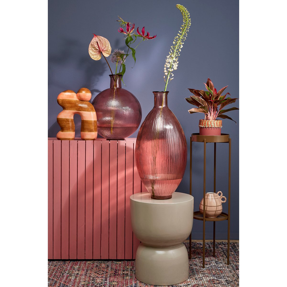 Structuur Fles Vaas H59 x Ø29 cm Gerecycled Glas Lichtroze