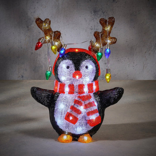 Vrolijke Buiten Kerst Pinguïn L32 x B21 x H42 cm kleurrijk Kerstverlichting